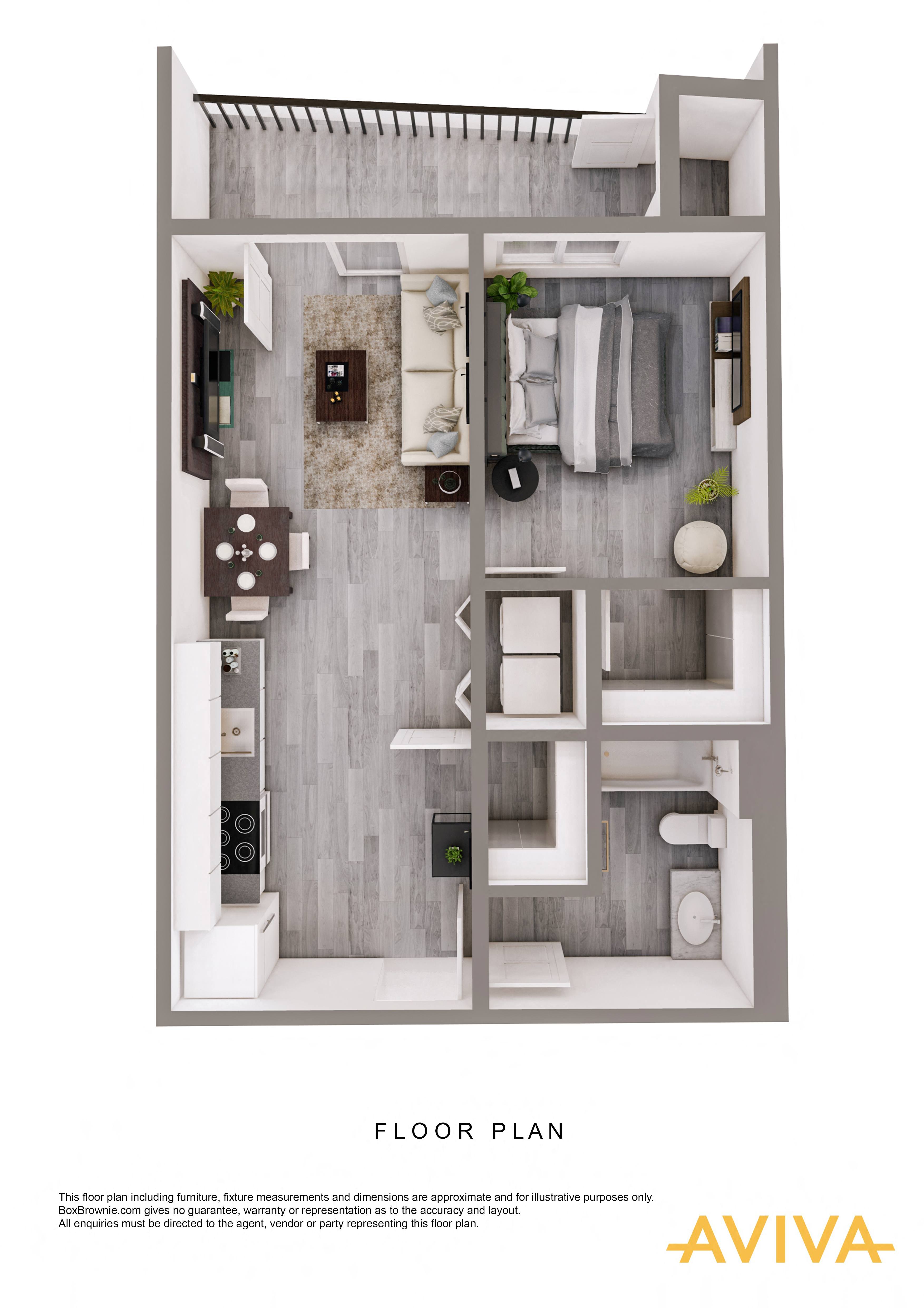 Floor plan for 1 bed, 1 bath, 605 sqft